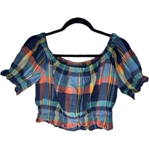 American Eagle Blue Plaid Preppy Linen Blend Crop Top Size Small